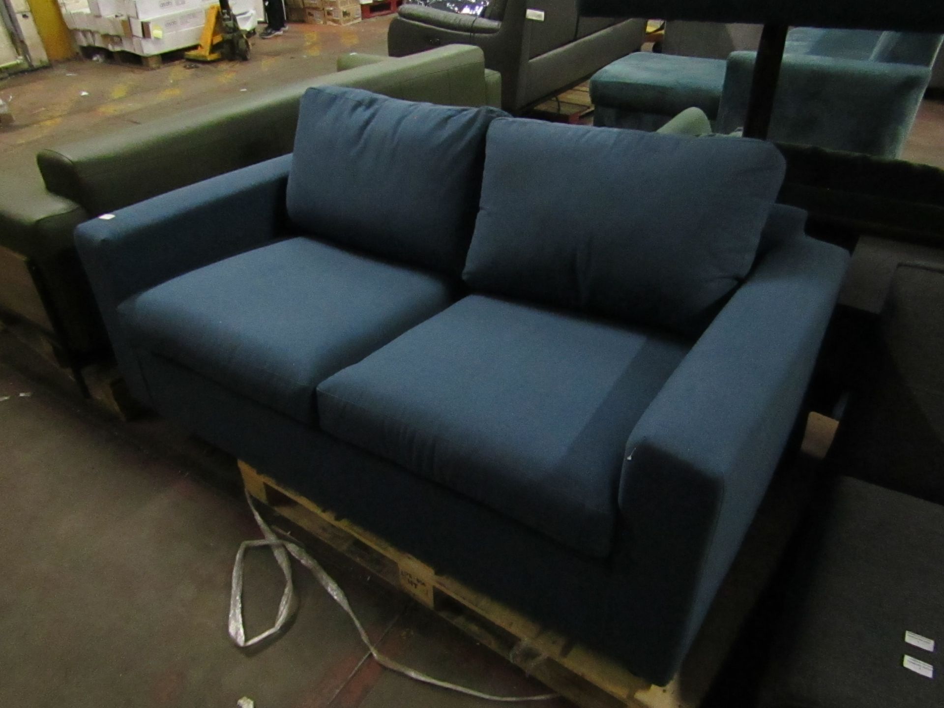 | 1x | MADE.COM 2 SEATER SOFA BED | BLUE | GOOD CONDITION & INCLUDES FEET (THIS IS OUR OPINION THERE