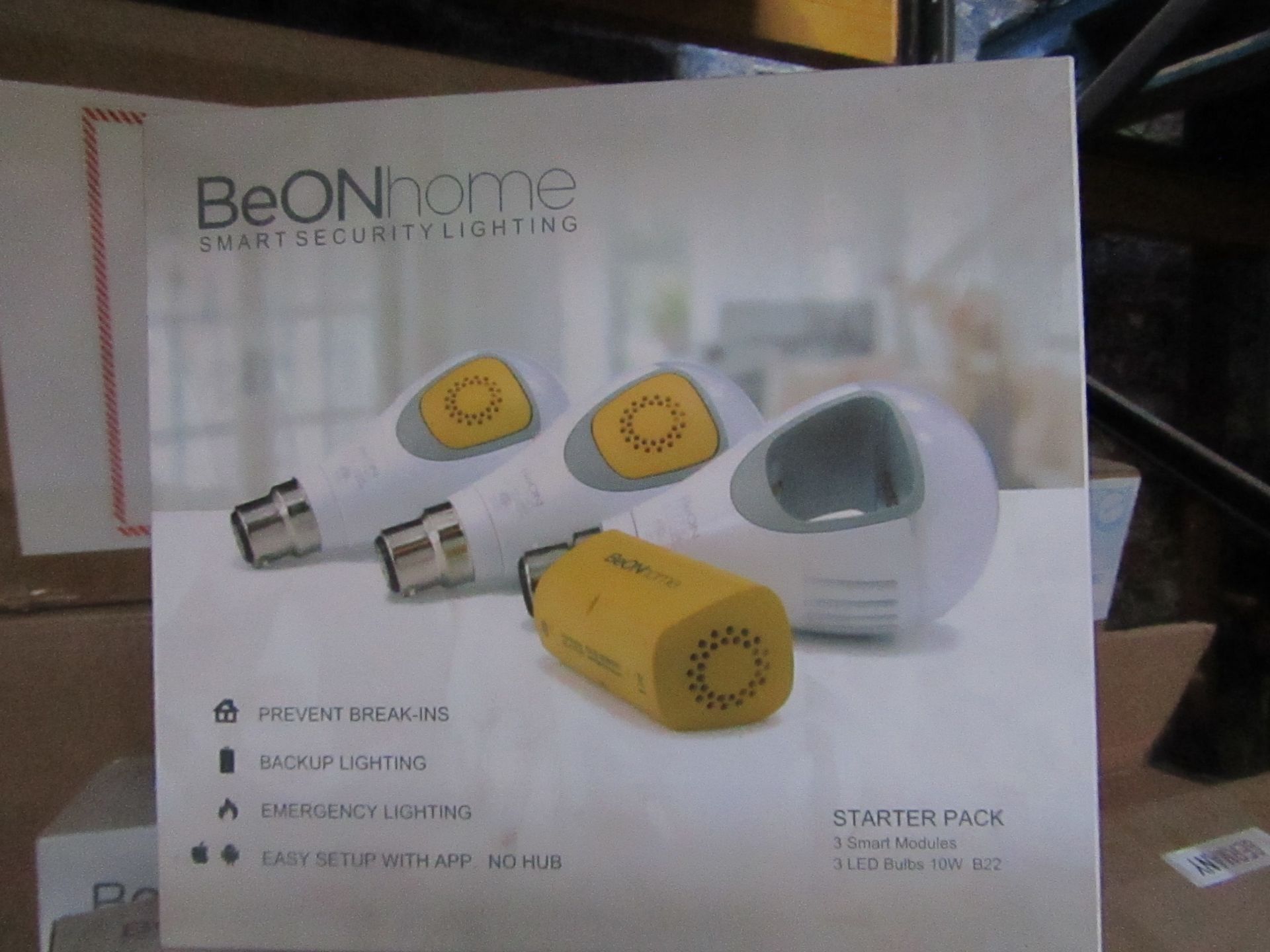BeONhome smart security light starter set, includes 3x light bu;bs and 3x smart modules, fgeatuers