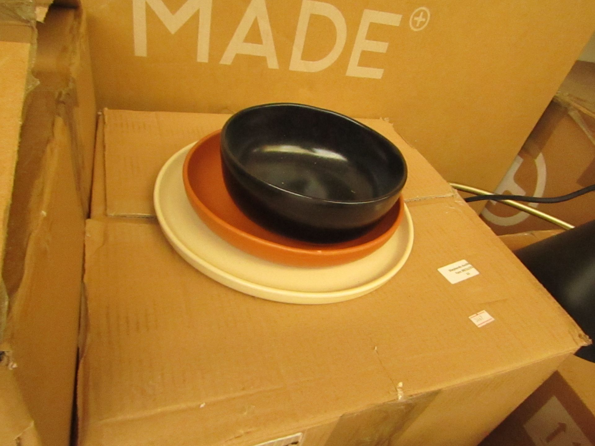 1 x Made.com Ingram 12 Piece Dinner Set Ivory Charcoal & Terracotta RRP £99 SKU MAD-DWRING003MUL-