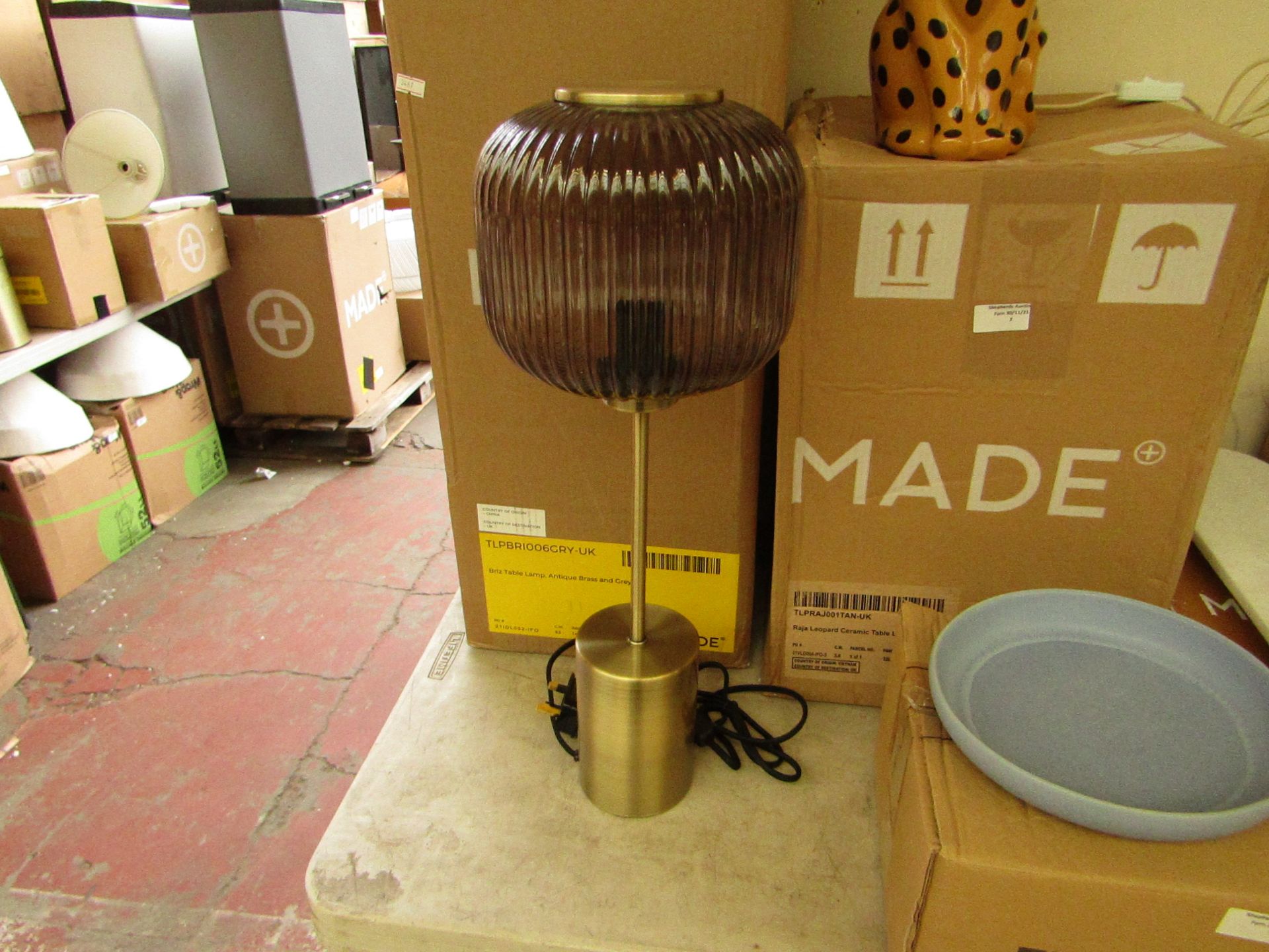 1 x Made.com Briz Table Lamp Antique Brass and Grey RRP £69 SKU MAD-TLPBRI006GRY-UK TOTAL RRP £69