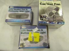 3x Items Being Streetwise,2x 12v Heater Fan & Defroster With Light, 1x 12v 6" Car/Van Fan, Unchecked