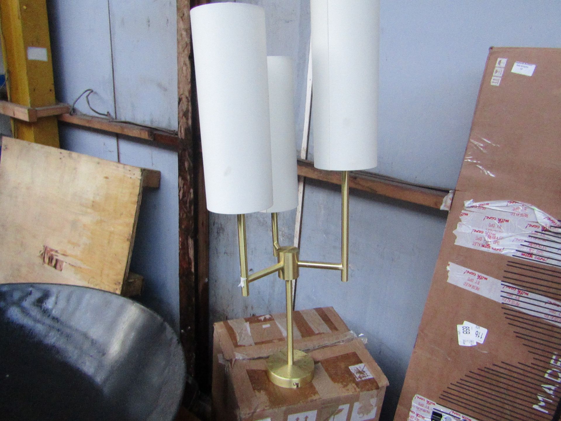 | 1X | MADE.COM LANCE CHANDELIER PENDANT LIGHT, BRUSHED BRASS & WHITE | LOOKS IN GOOD CONDITION &
