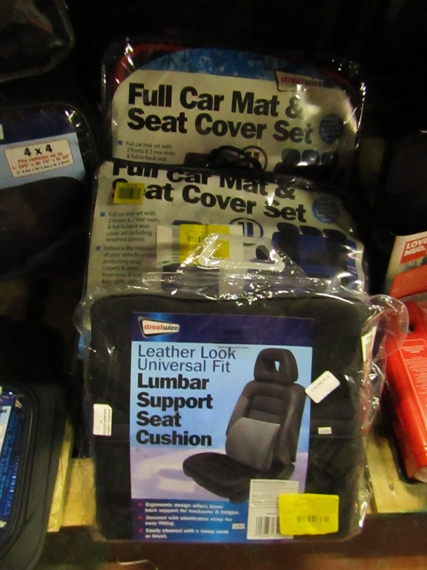 5x Items Being Streetwize, 3x Leather Look Universal Lumbar Supp[ort Seat Cussion, 2x Full Car Mat &