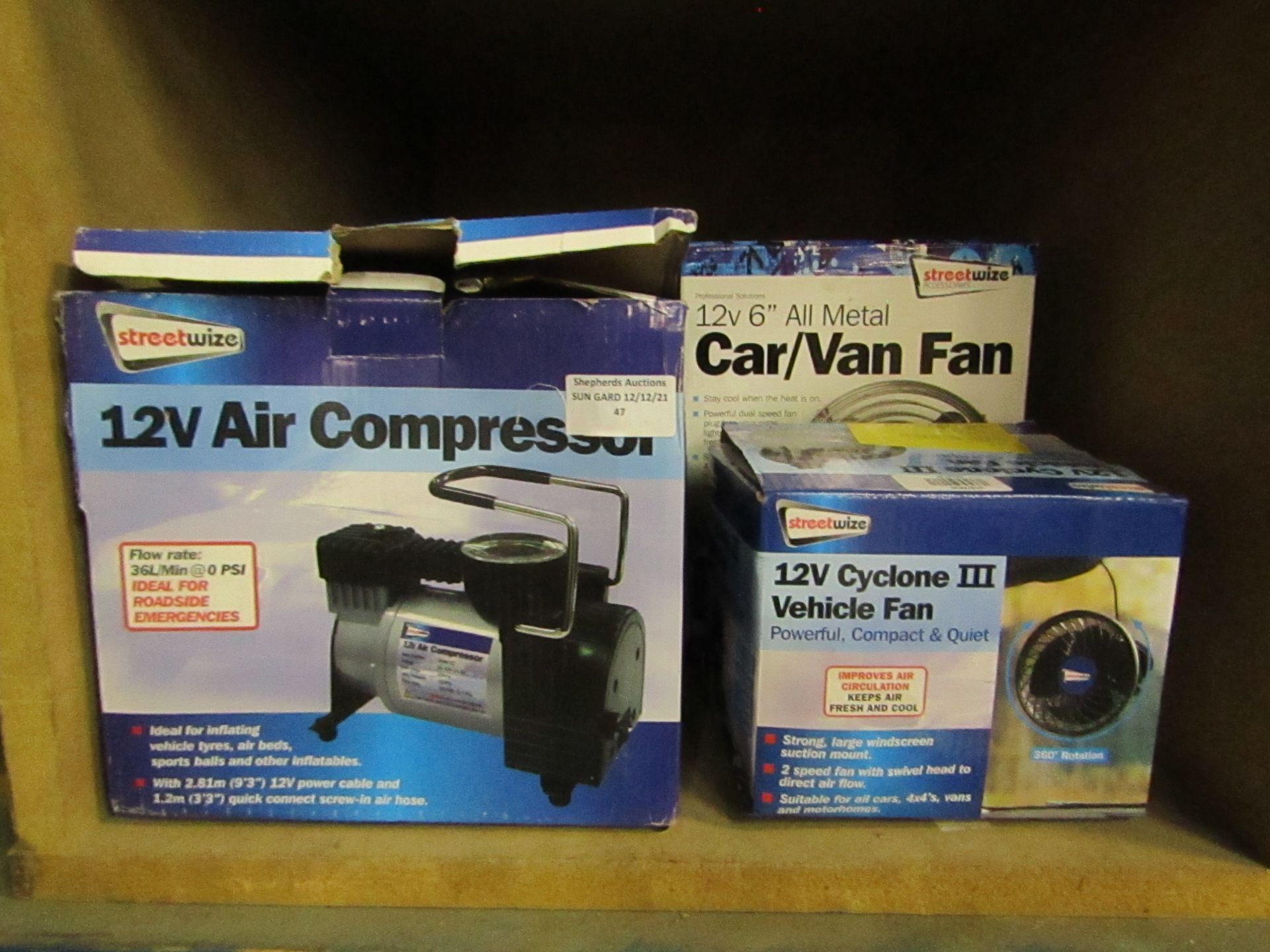 3x Items Being Streetwize, 1x 12v Air Compressor, 1x 12v6" Car/ Van Fan, 1x 12v Ctclone 3 Vehicle