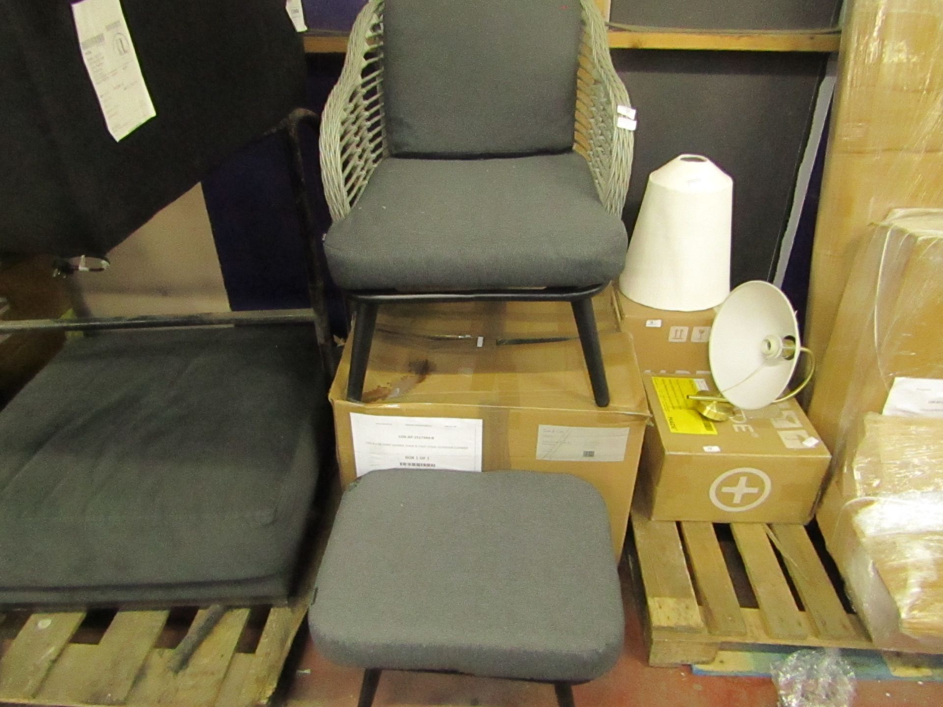 1 x Cox & Cox Lowe Lounge Chair & Foot Stool Outdoor Summer RRP £450.00 SKU COX-AP-1527944-B TOTAL