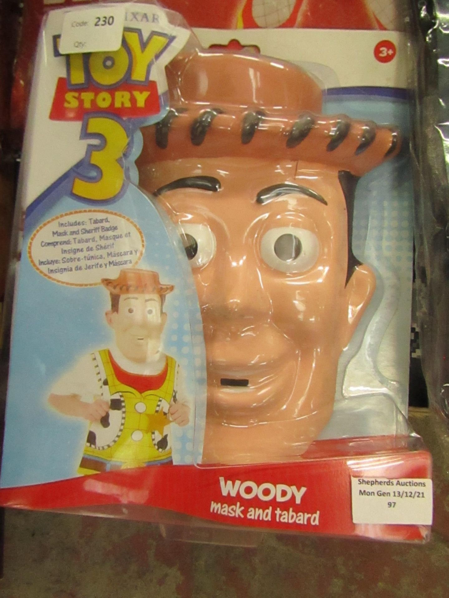 Toy Story 3 - Woody Mask & Tabard - Size Unknown ( 3 Years +) - Unused & Packaged.