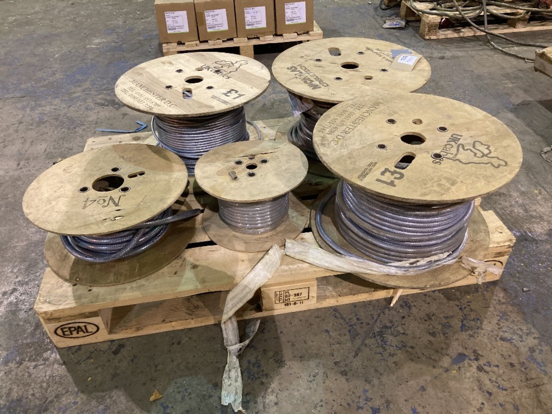 (5) Spools of Various Thickness and Length Electrical Cable