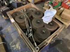 Pallet of Various Size Pulley Wheels, Steel Rods & (4) Steel Rope with Eyes