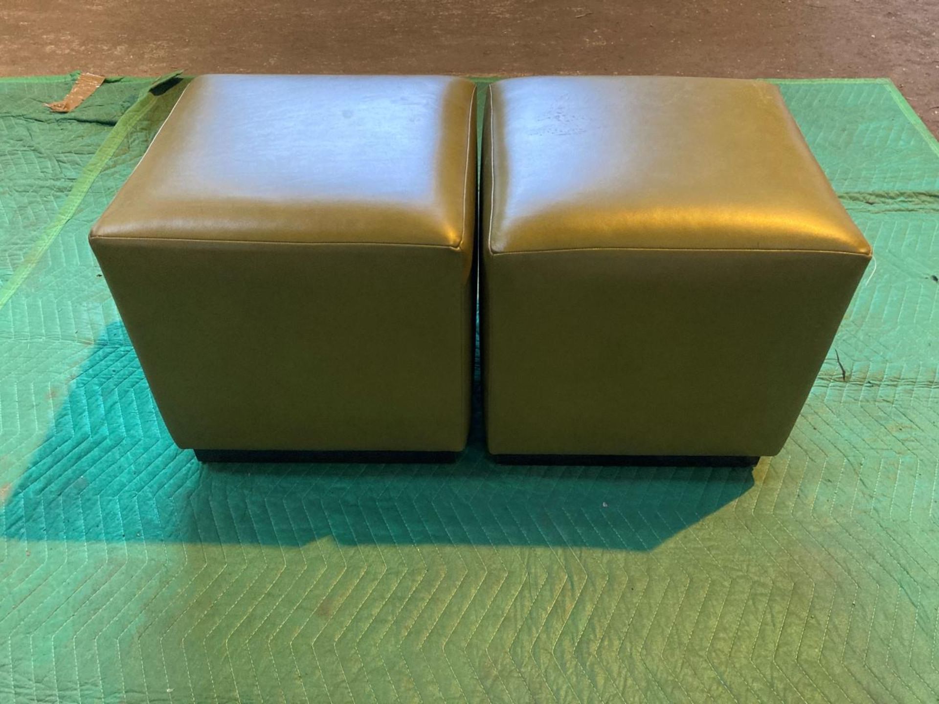(2) Sage green leather cube shaped stools