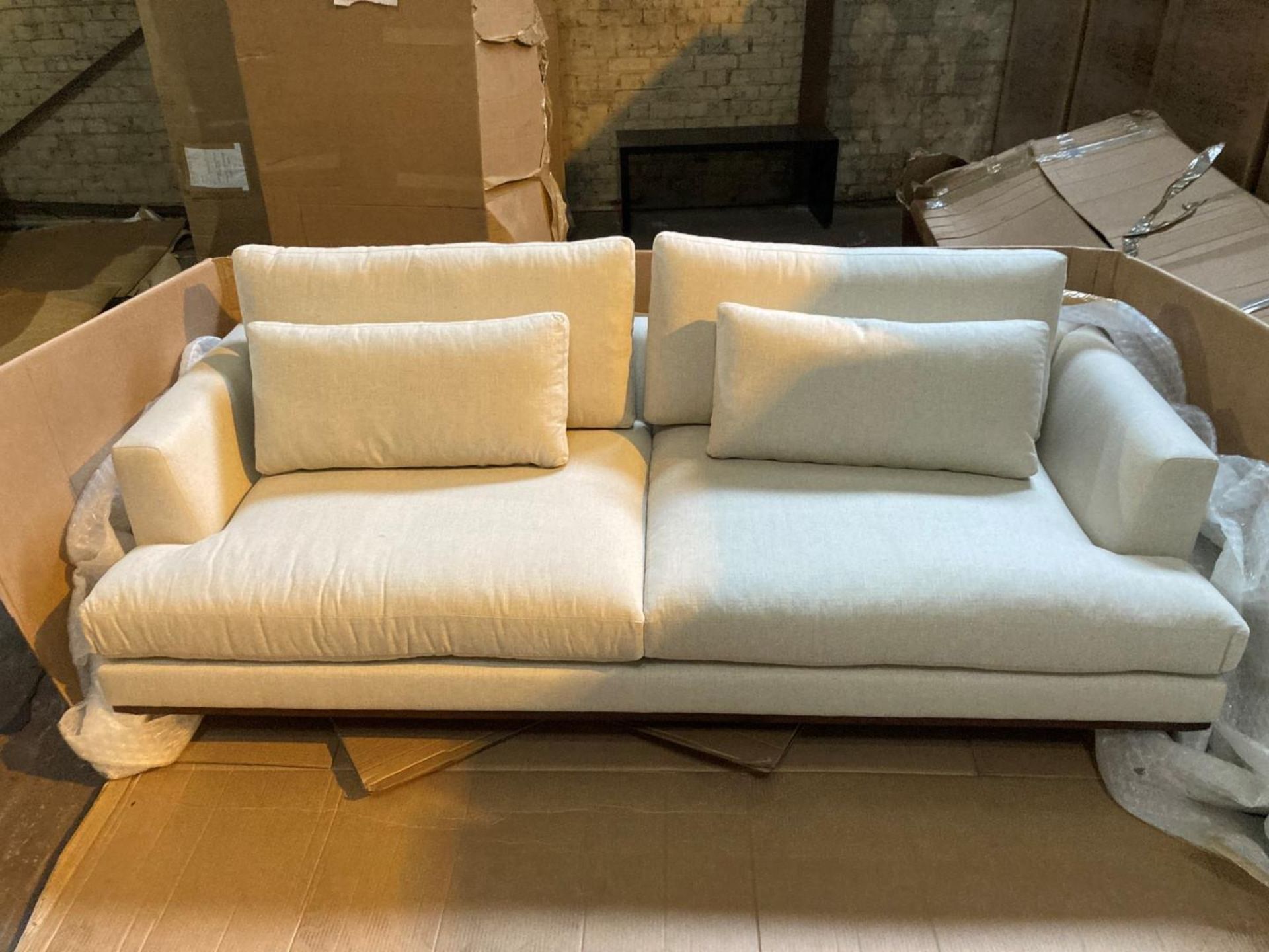 Natural white 3 seater sofa with medium oak plinth - Image 3 of 7