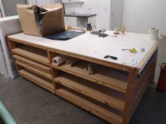 Wooden work table with plastic top, does not include contents on table