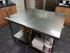 (2) Stainless Steel Mobile Preparation Tables with Bonzer Bench Can Opener