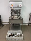 Interbake Eight Station Automatic Pie Machine on Stainless Steel Mobile Stand