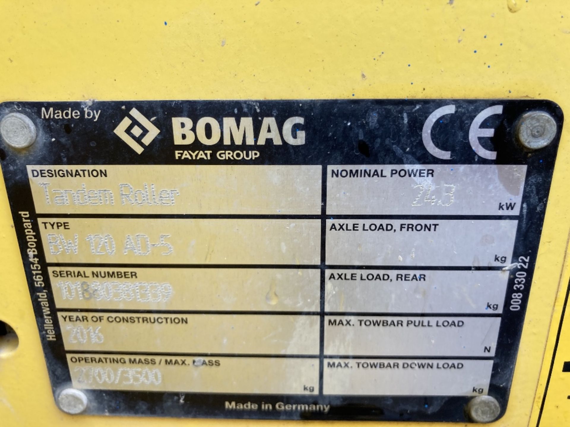 2016 Bomag BW120AD-5 Tandem Vibration Roller - Image 7 of 8