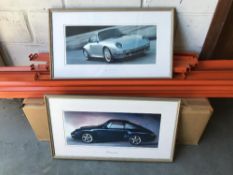 Two framed pictures of Porsche cars