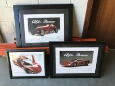 Three framed pictures of Alfa Romeo cars