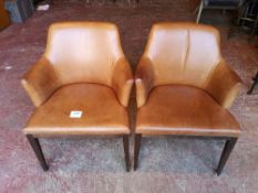 (2) Tan Leather / Wooden Frame Dining Chairs