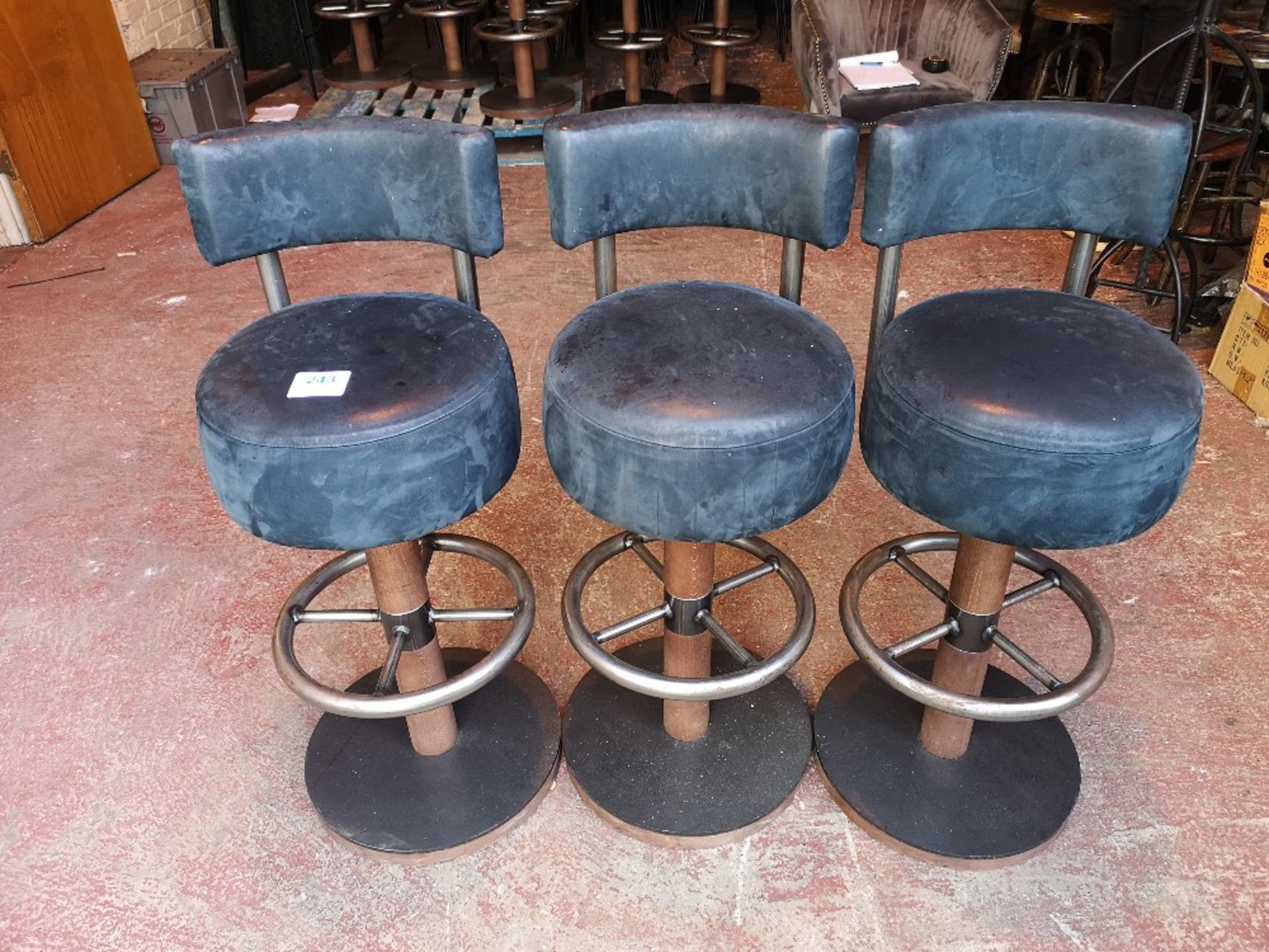 (3) Navy Leather / Steel Based Swivel Bar Stools