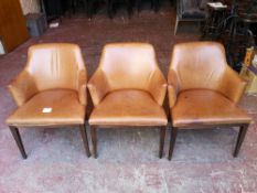 (3) Tan Leather / Wooden Frame Dining Chairs