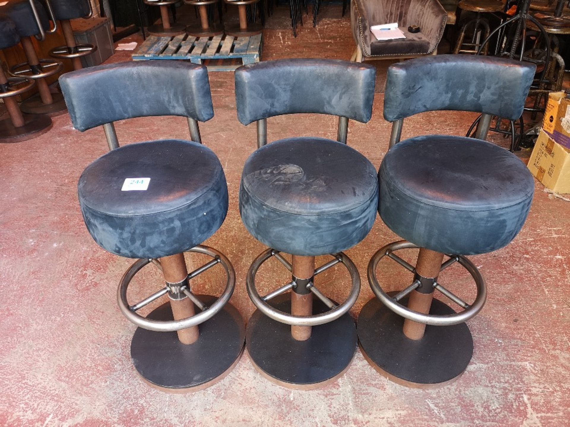 (3) Navy Leather / Steel Based Swivel Bar Stools