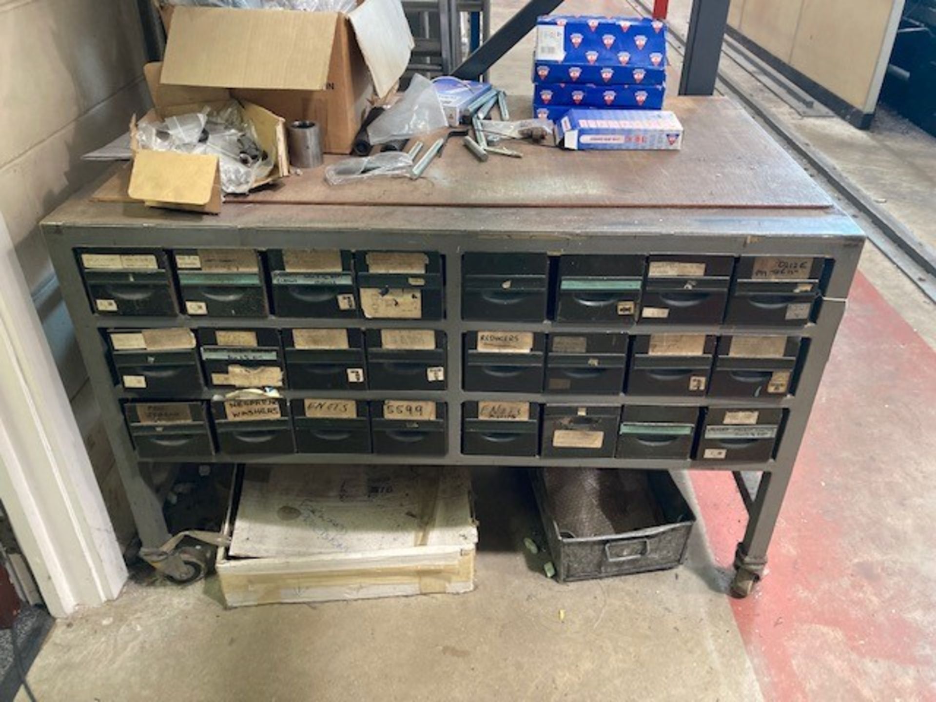 Two Tier Steel Workbench with (24) Metal Drawers & Contents - Image 2 of 2