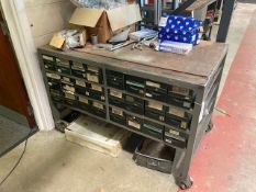Two Tier Steel Workbench with (24) Metal Drawers & Contents