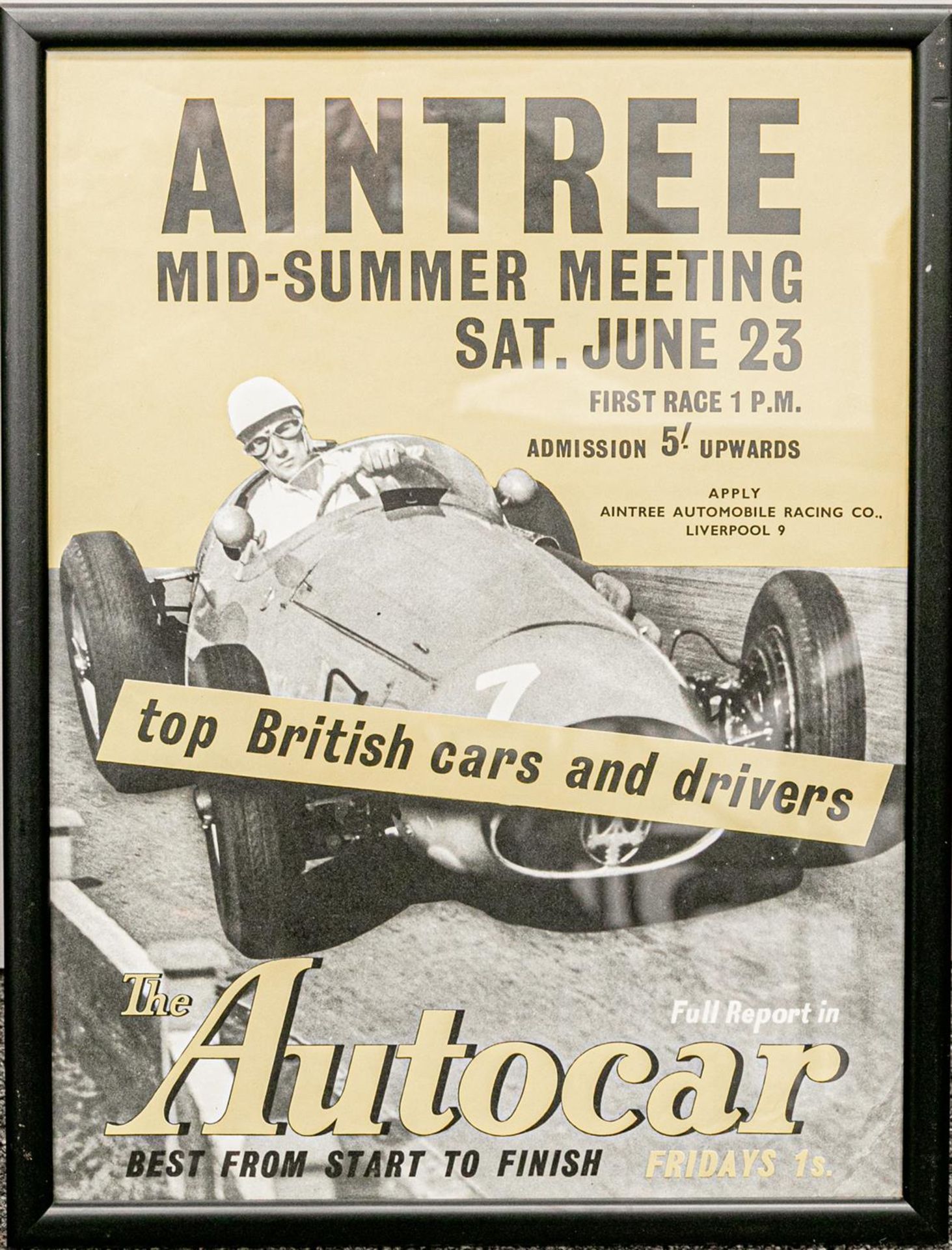 Autocar original poster Aintree mid summer race meeting depicting Stirling Moss winning British