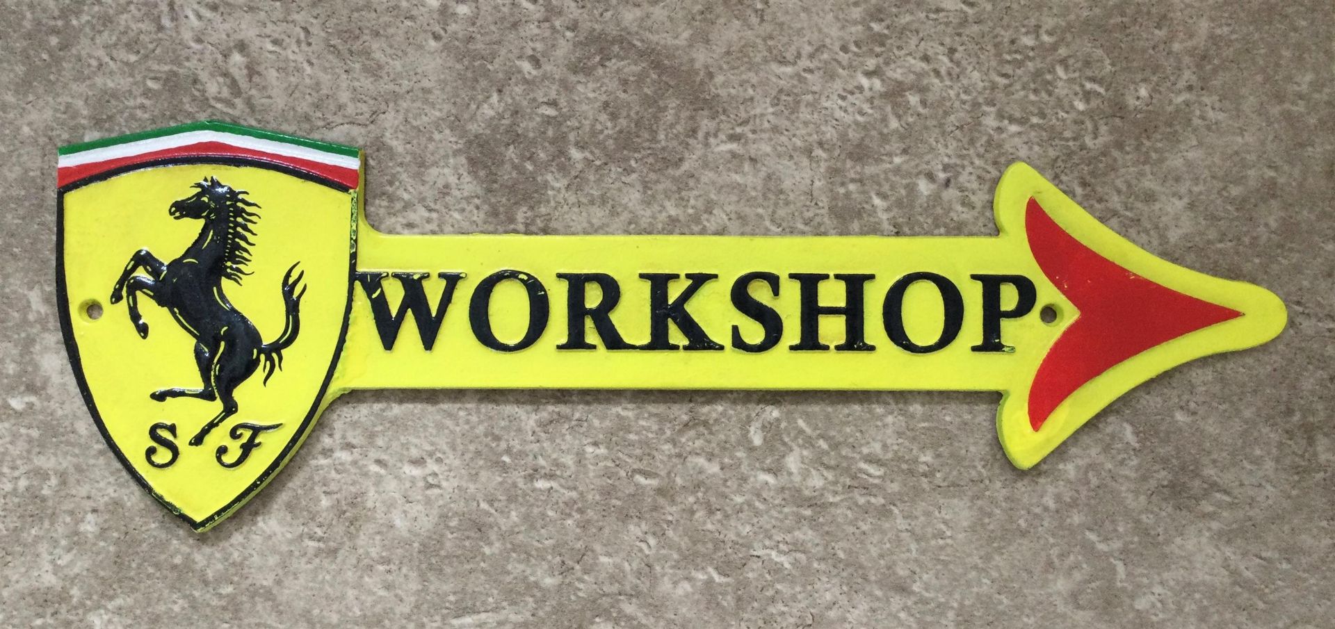 A Contemporary Cast-Metal Ferrari-Themed ‘Workshop’ Arrow Sign