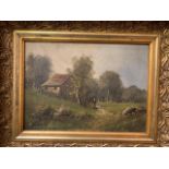 19th Century oil on canvas Landscape Farmhouse scene, 31 x 23cms. Signed.