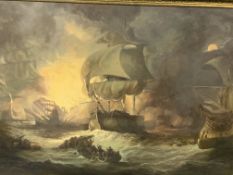 Very large framed picture of a battle at sea with Men o' War