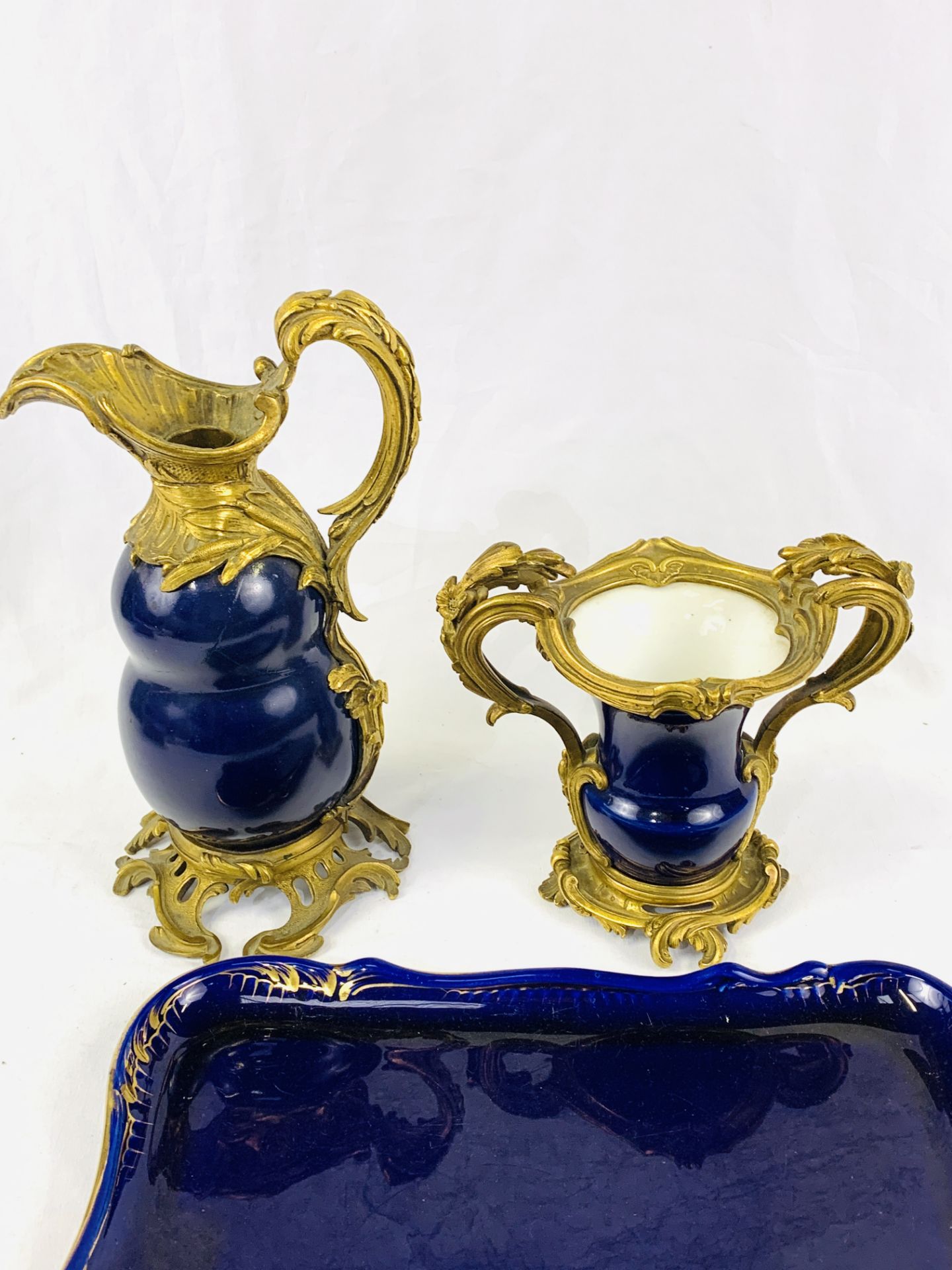 A 19th century French cobalt blue porcelain and bronze ormolu ewer and vase. - Image 5 of 5