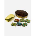 Brass snuff box; 6 enamel matchboxes; and a brass trinket box with tortoise shell lid