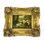 Gilt framed oil on canvas painting of two hounds