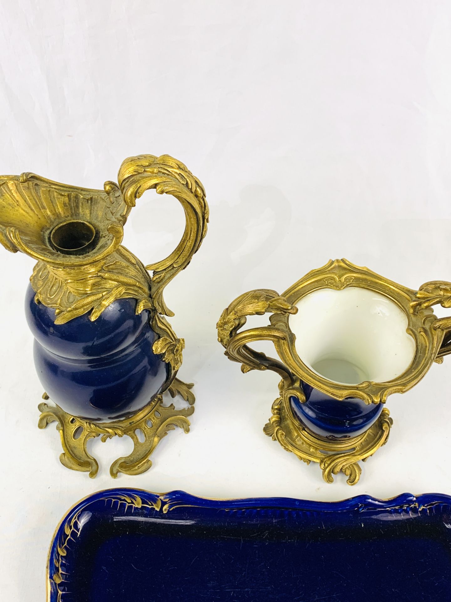 A 19th century French cobalt blue porcelain and bronze ormolu ewer and vase. - Image 4 of 5