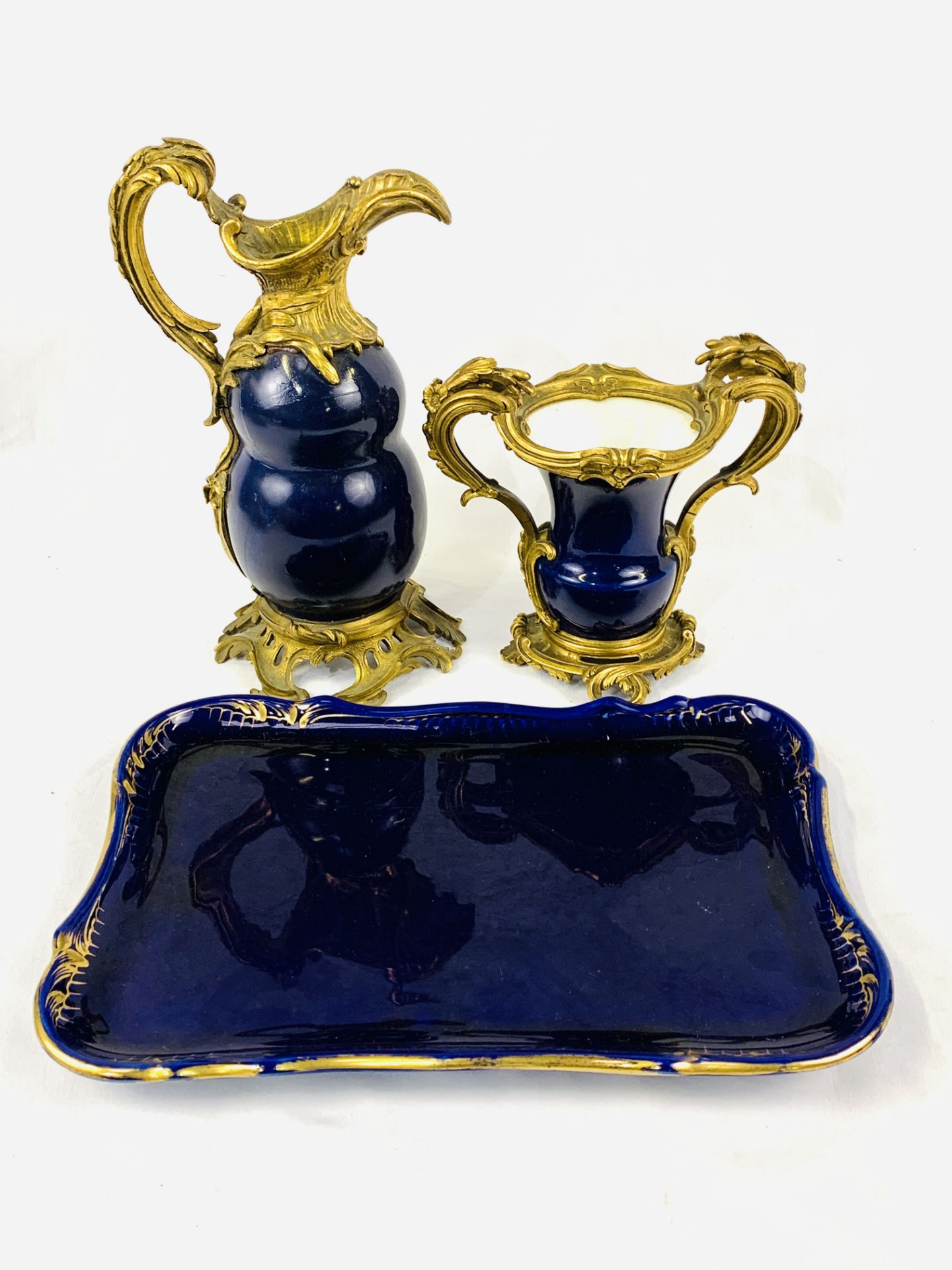 A 19th century French cobalt blue porcelain and bronze ormolu ewer and vase. - Image 3 of 5