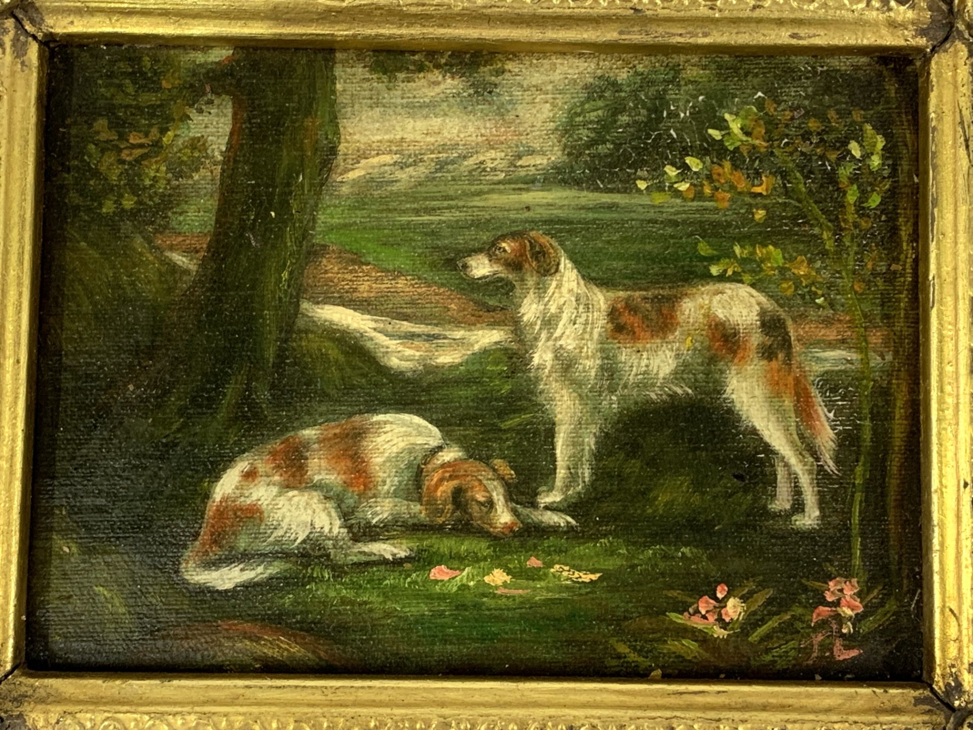 Gilt framed oil on canvas painting of two hounds - Image 2 of 2