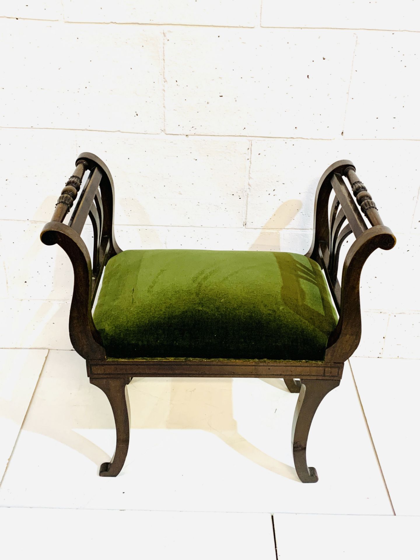Mahogany Empire style stool with green velvet cushion. - Image 3 of 4