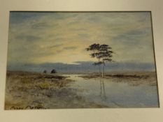 Framed and glazed watercolour of a tree in marshland signed Percy French; with others.