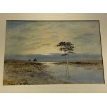 Framed and glazed watercolour of a tree in marshland signed Percy French; with others.