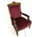 Edwardian mahogany framed red upholstered open armchair.