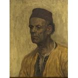 Unframed oil on canvas, signed bottom right, portrait of a man wearing a fez