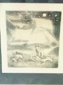 Framed and glazed etching labelled on reverse "Dreams", by Olga Potapova