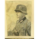 Framed watercolour of a WWII German soldier, signed G J Rice.
