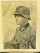 Framed watercolour of a WWII German soldier, signed G J Rice.