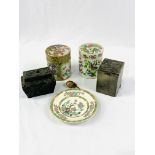 Two Oriental ceramic pots; Myott plate; two tea caddies, and a silver hallmarked caddy spoon