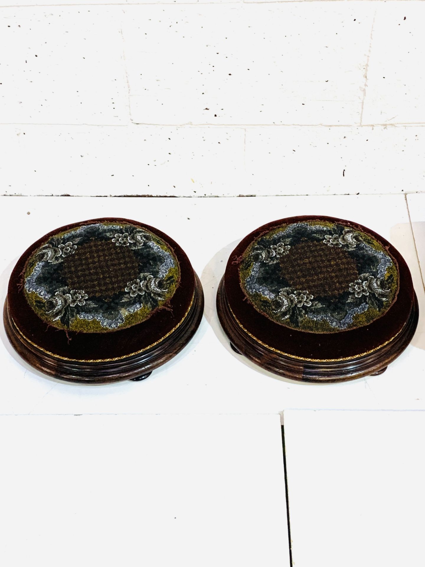 Two circular mahogany and tapestry top foot stools, and another footstool. - Image 2 of 3