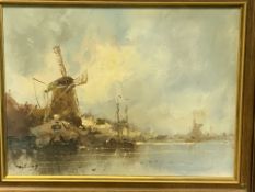 Framed oil on canvas windmill and boats scene, signed Zegeling