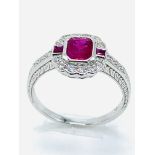 18ct white gold, ruby and diamond ring.