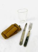 Campaign set of folding knife and fork, and glass beaker, in leather pouch