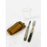 Campaign set of folding knife and fork, and glass beaker, in leather pouch